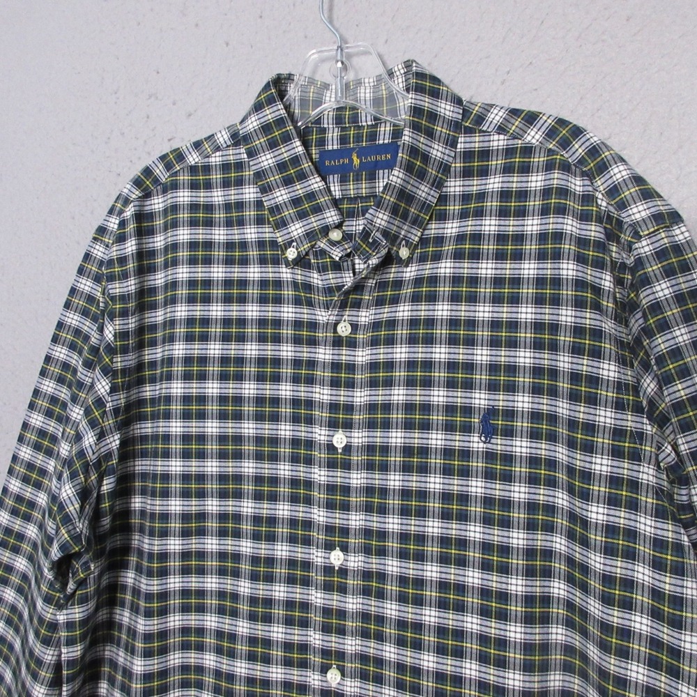 Ralph Lauren Shirt Men L Plaid Green Blue Tartan Button Preppy Pony Timeless
